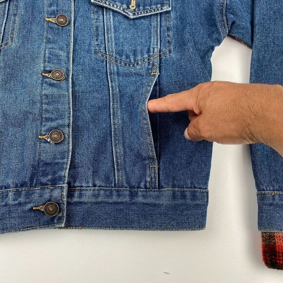 BKE Jacket Women Sz XS Relaxed Jean and plaid flannel Boho Trucker outdoor Blue - Picture 12 of 15